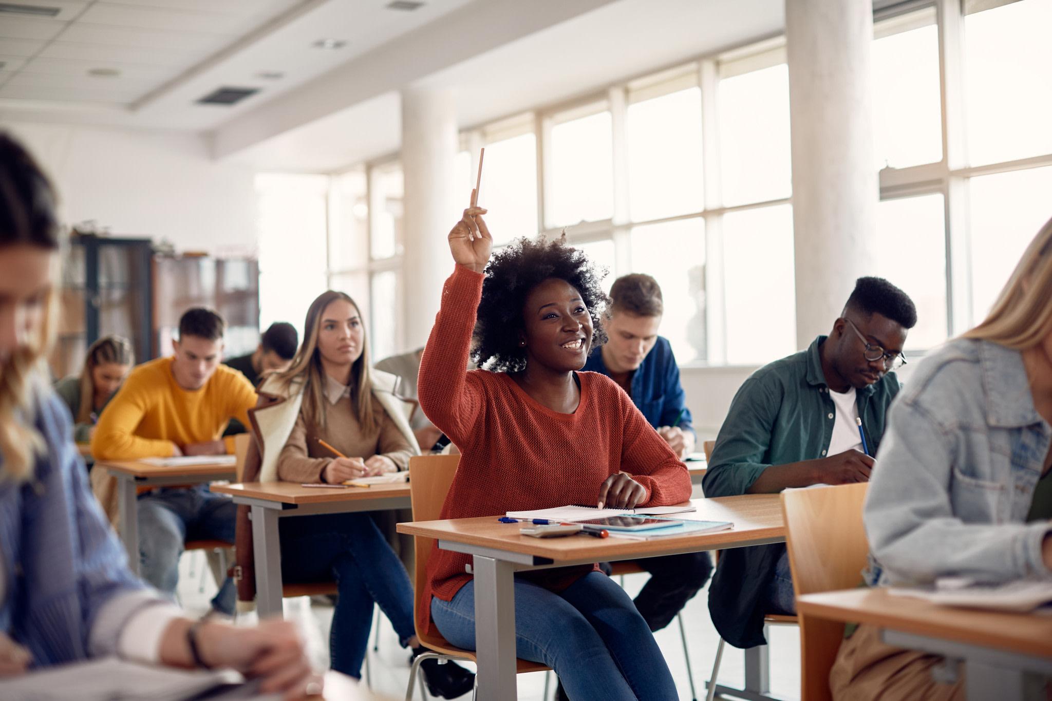 Students in a college classroom.