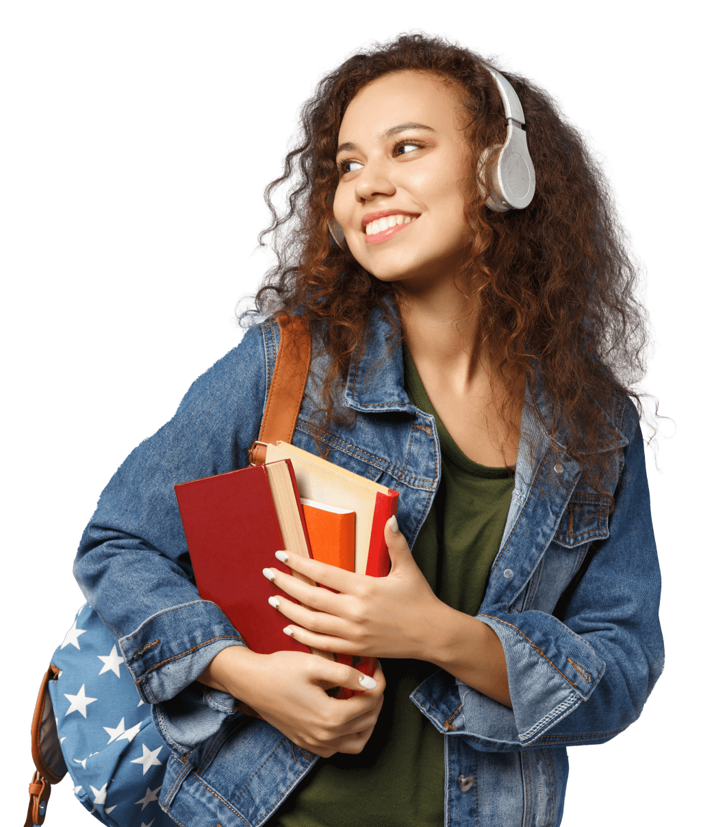 A female student holding books and carrying a backpack.